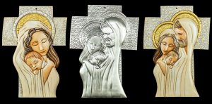 Croce in resina immagini sacre, Sacra Famiglia e Madonna con Bambino,quadro da parete in resina, sculture religiose made in Italy,croce sacra